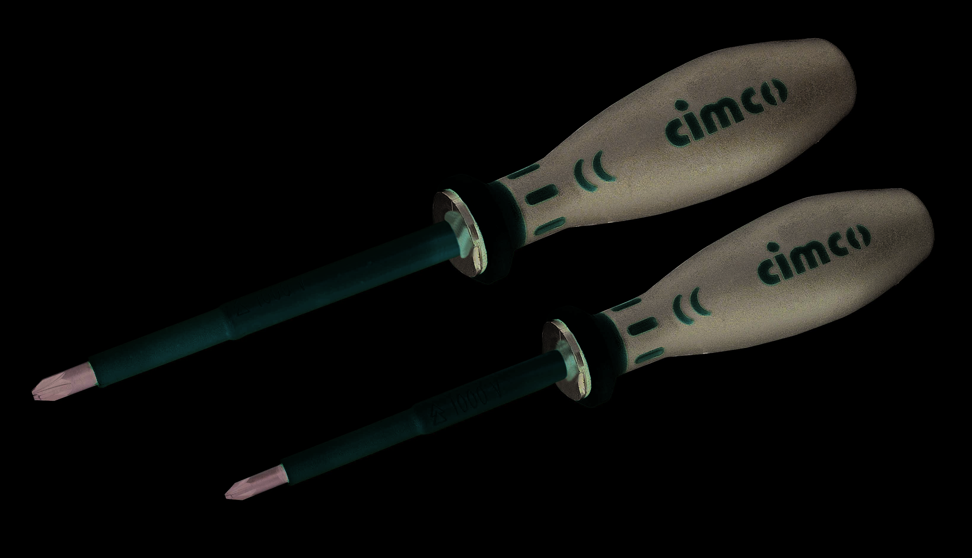 Two isolated screwdrivers with red handles and black grips, bearing the word 'cimco', are lying side by side.