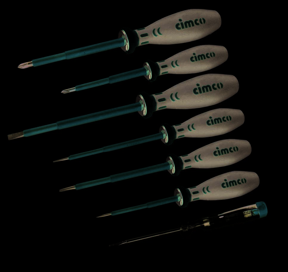 Six-piece screwdriver set with insulated handles and a voltage tester, suitable for electrical work.