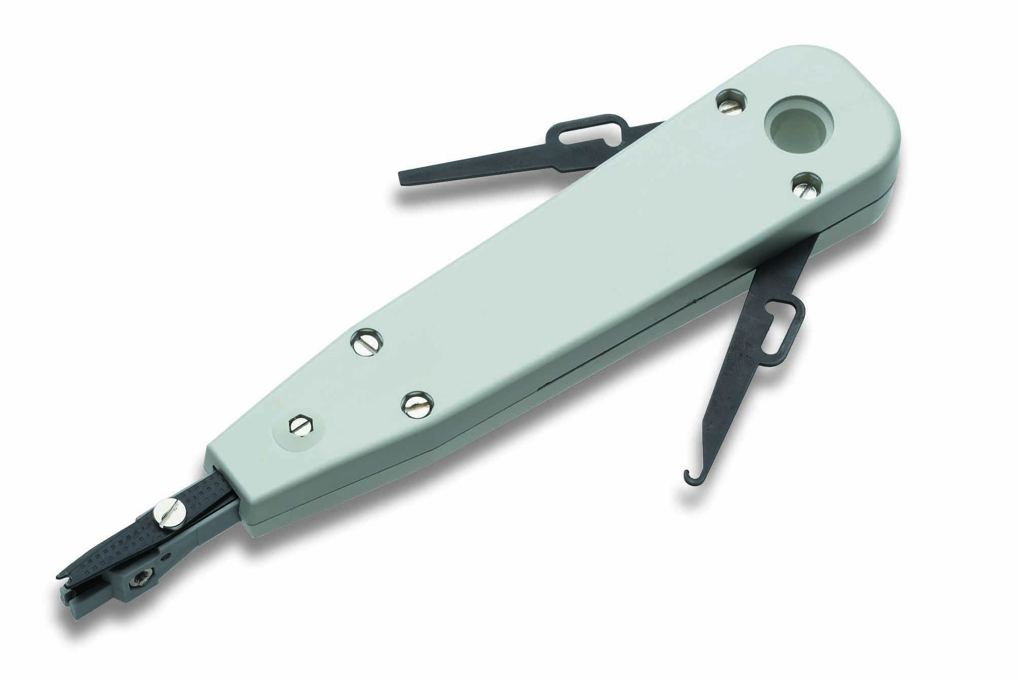 A white LSA installation tool with black hooks and blades for installing and maintaining network cables in telecommunications connections.
