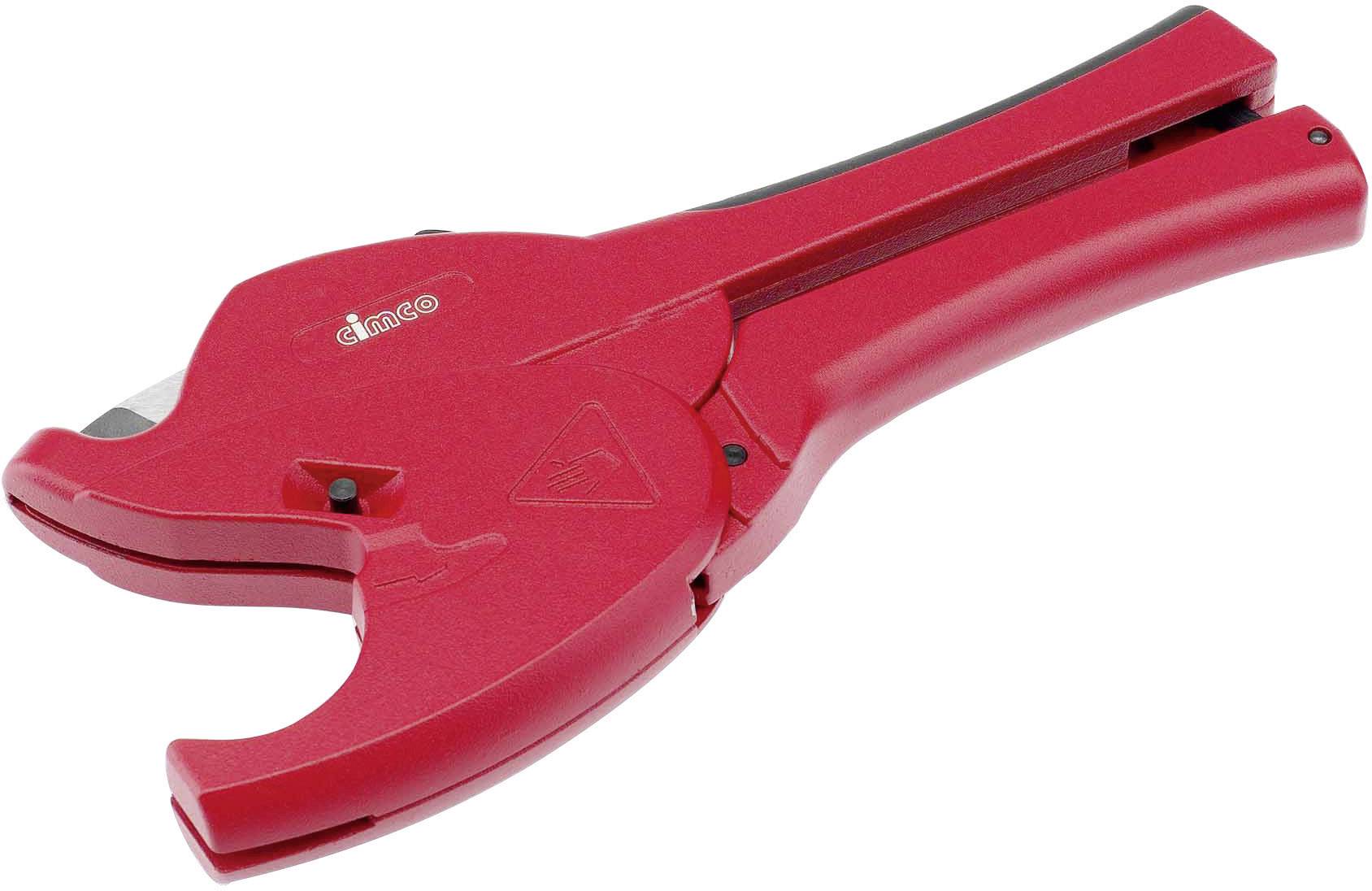 Red cable stripping tool, side view. It has a handle and a blade for removing insulation from cables.