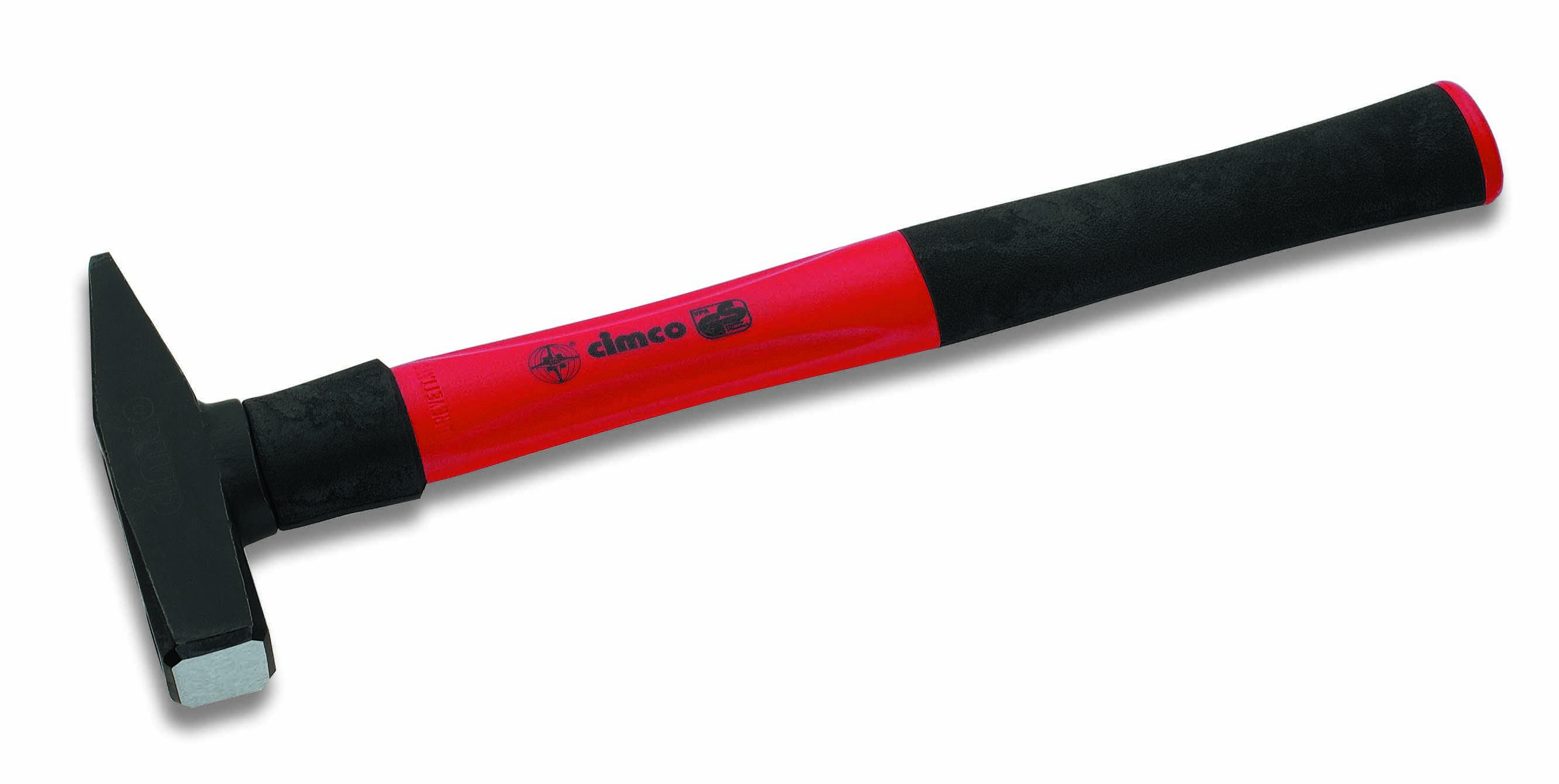 Red and black hammer with a rectangular head and ergonomic handle.