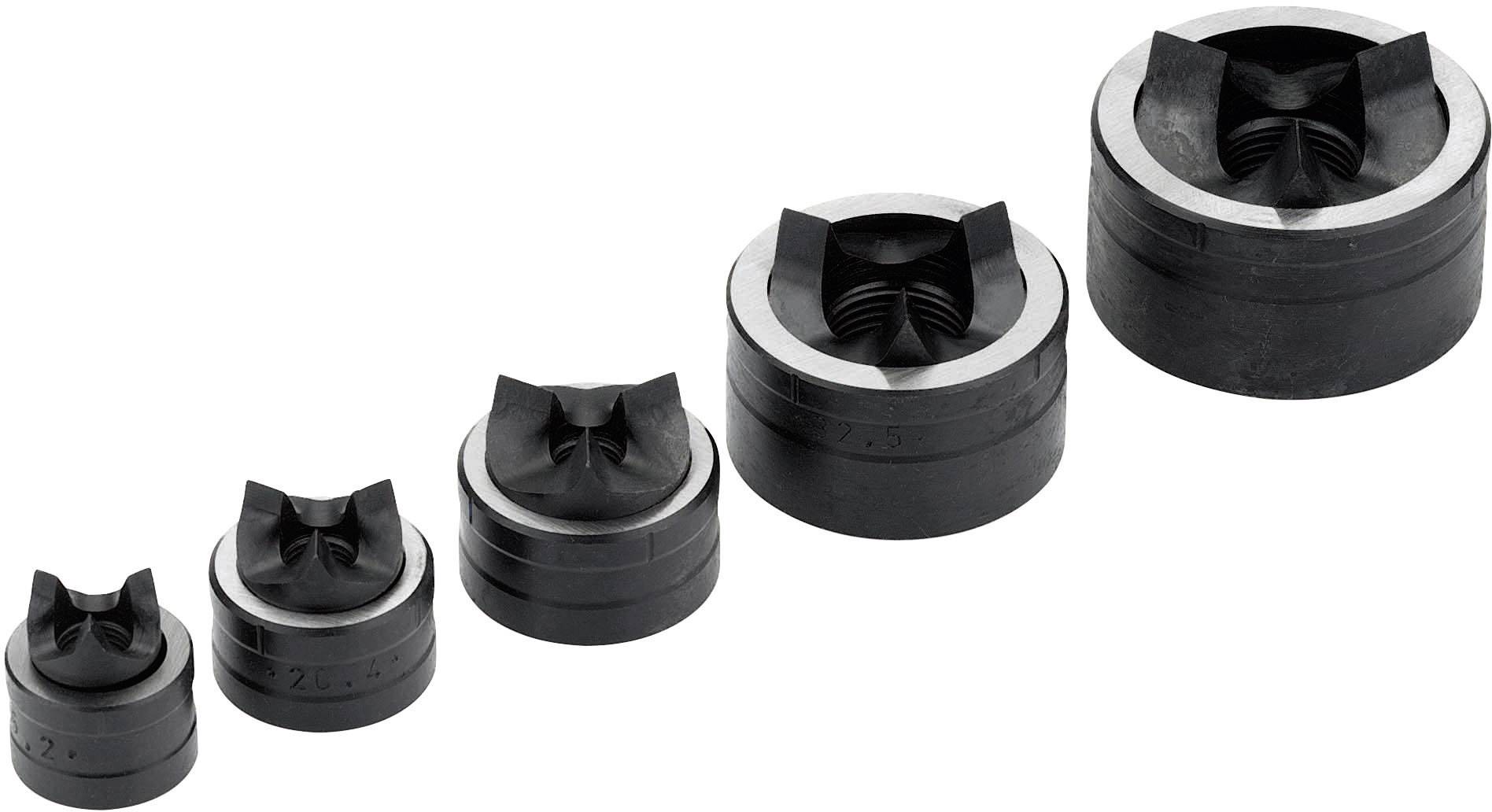 Five round, black metal punches arranged side by side from small to large. They are used for punching holes.