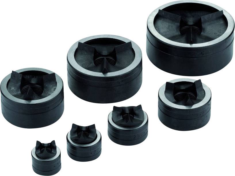 Seven-piece set of round metal stamps with varying diameters, viewed from above, on a white background.