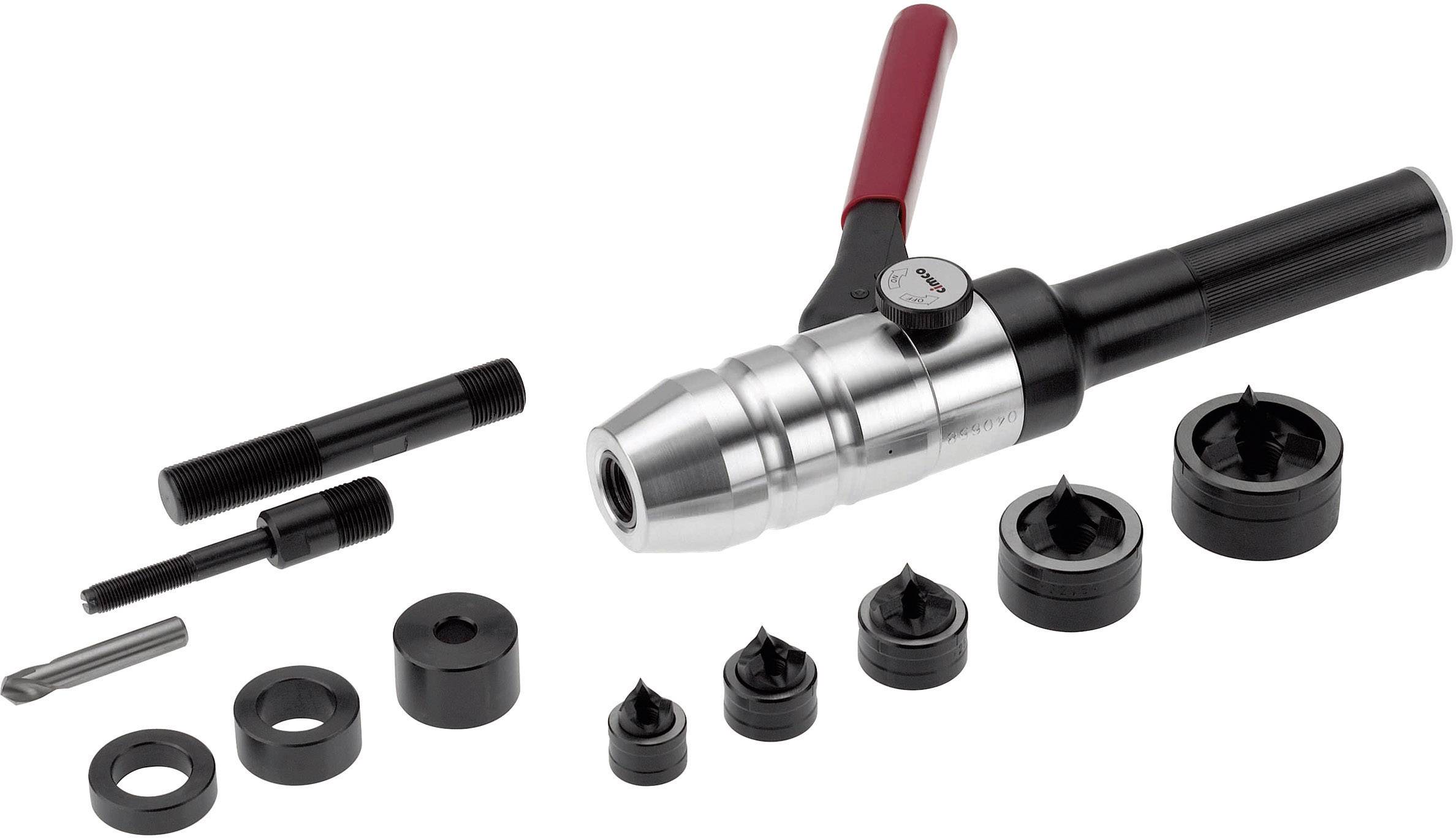 A cutting tool set with a ratchet, various punch hole sizes and matching accessories, arranged on a white background.