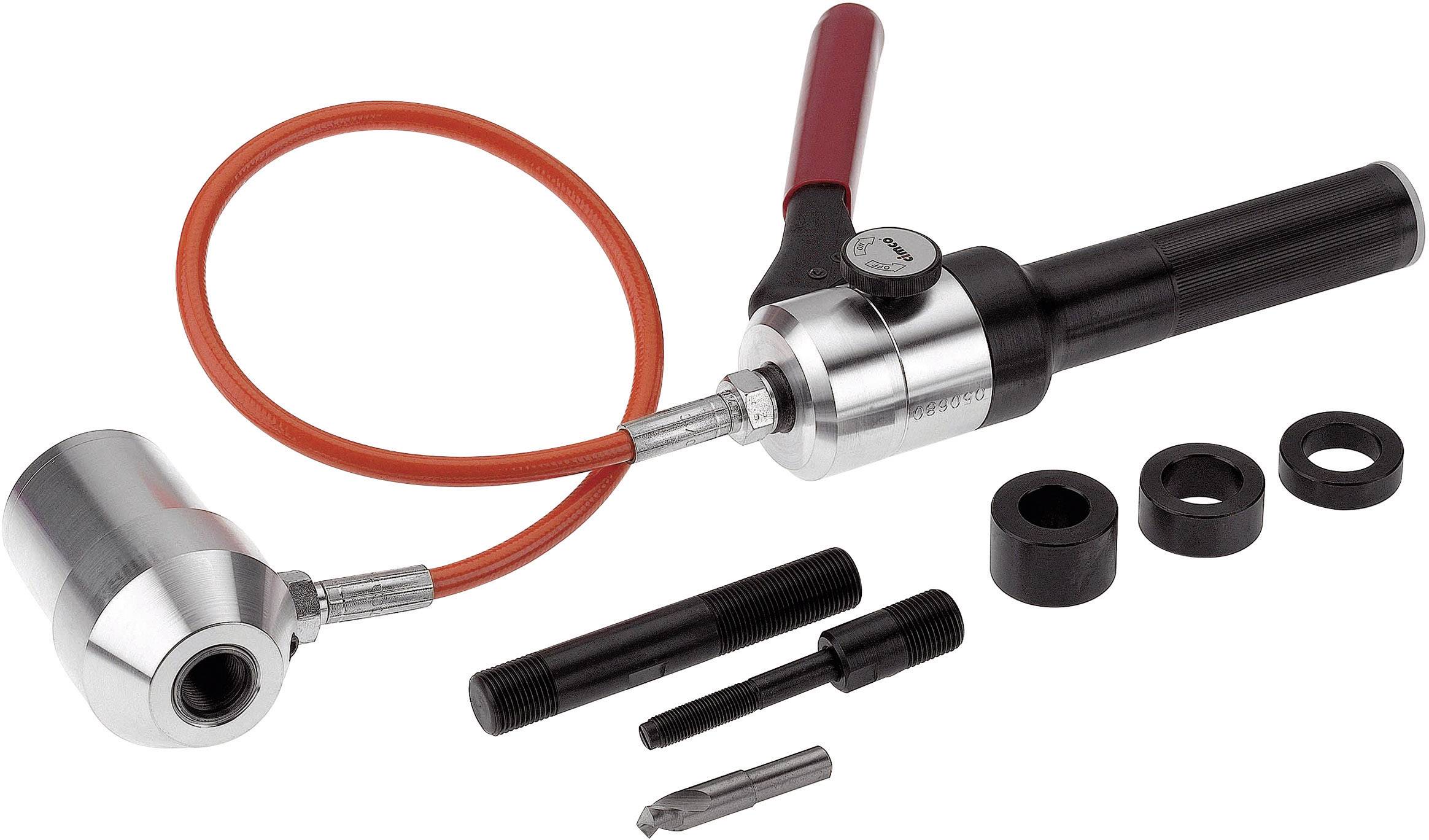 A hydraulic puller with multiple attachments and a red hose for use in mechanics for removing bearings.