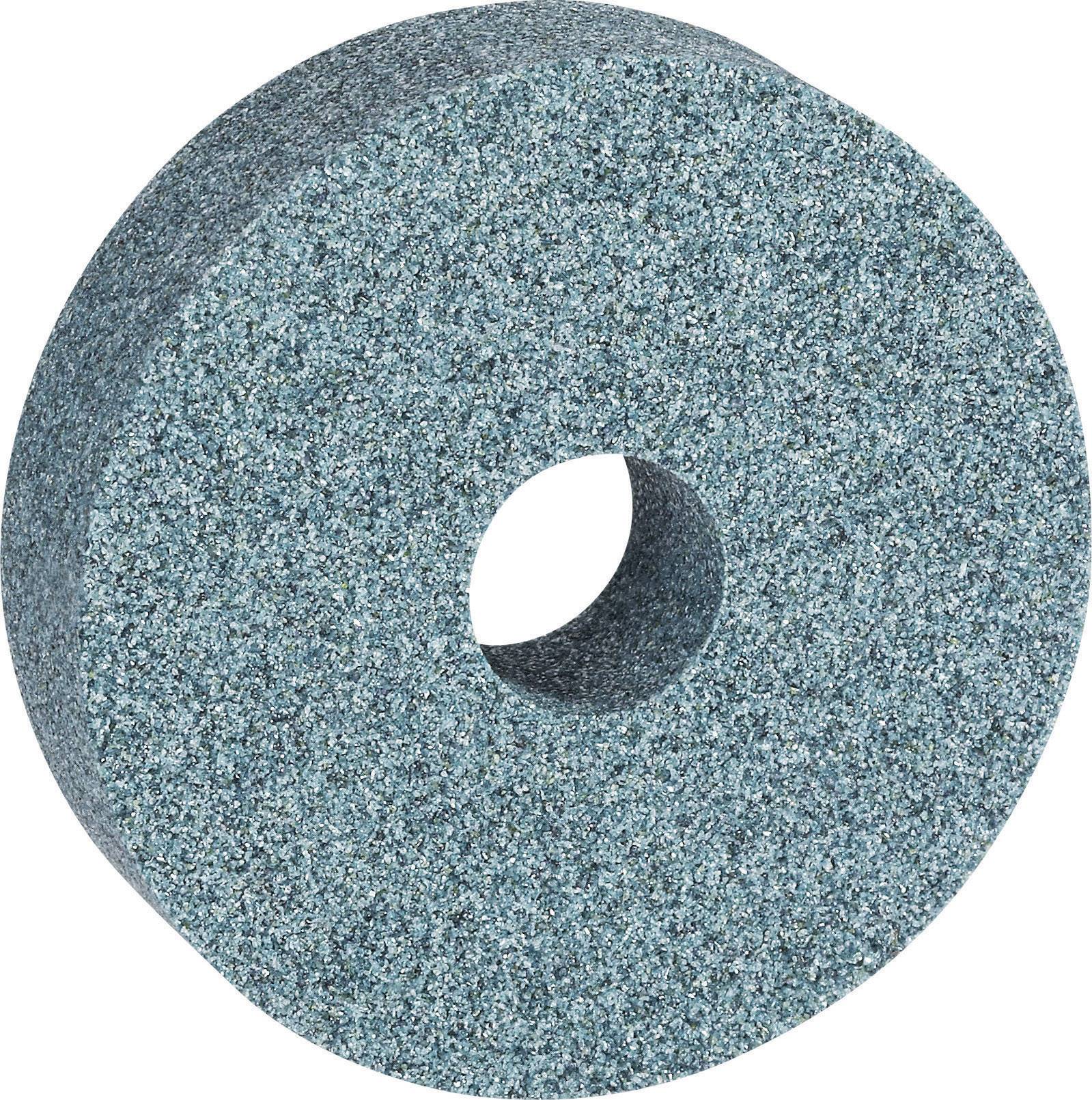 A grinding wheel in the shape of a disc with a blue, granular surface and a hole in the centre.