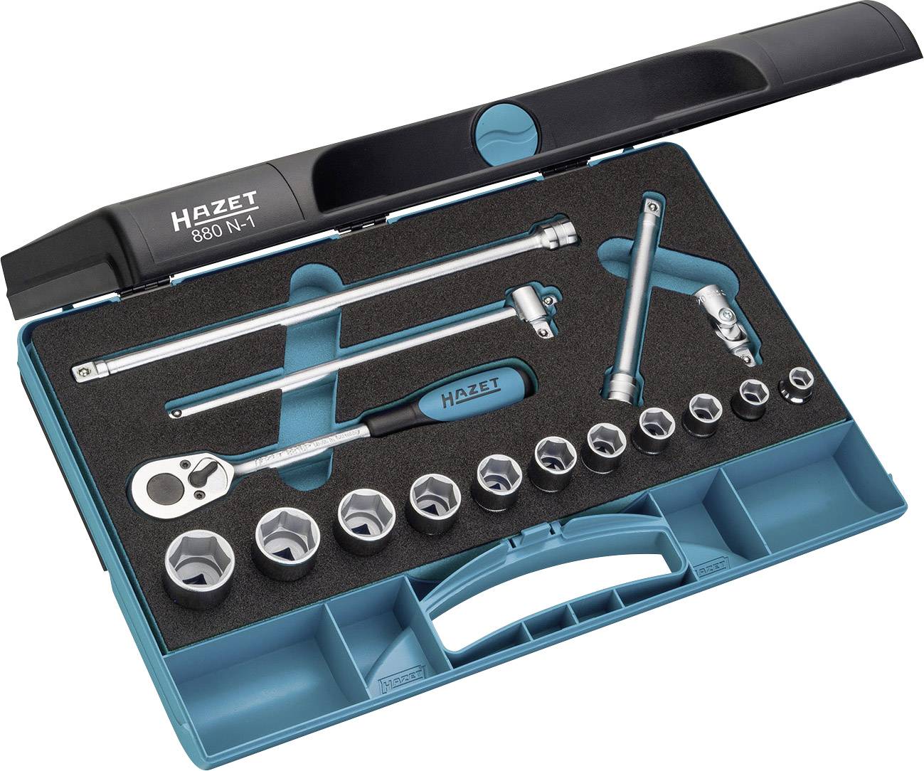 An open tool set with various socket keys, a ratchet, and extensions in a blue plastic case with foam lining.