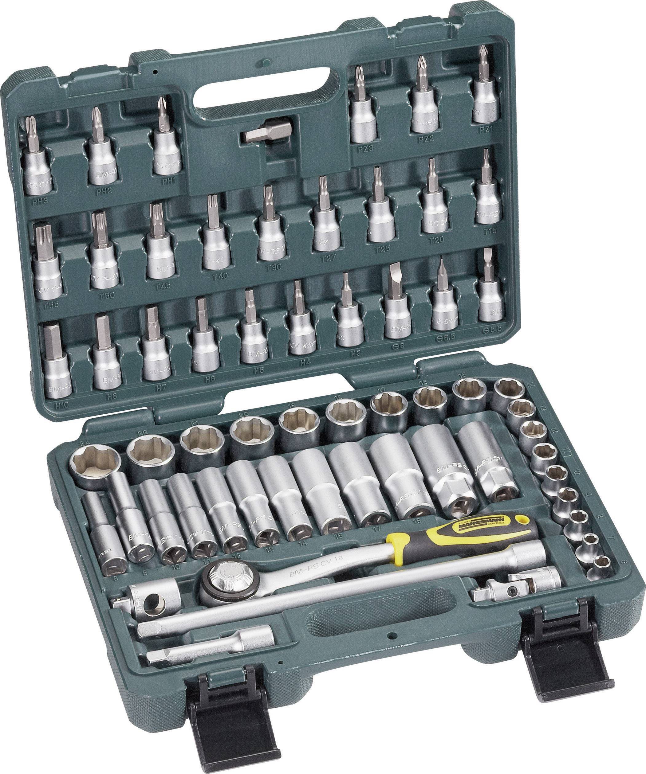 An open toolbox with various sockets, bits, and a spanner.