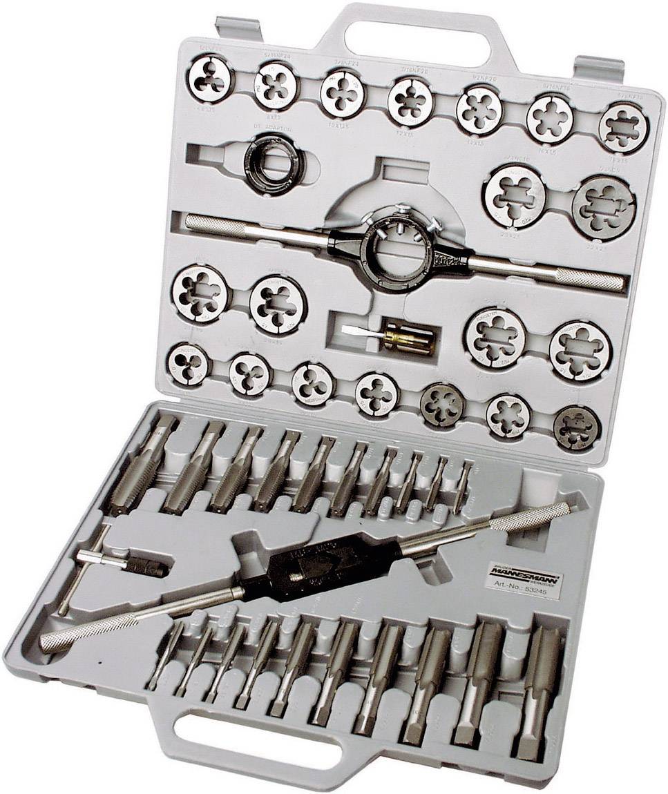 Tap and die set in an open case, comprising various sizes and types for manual thread cutting work.