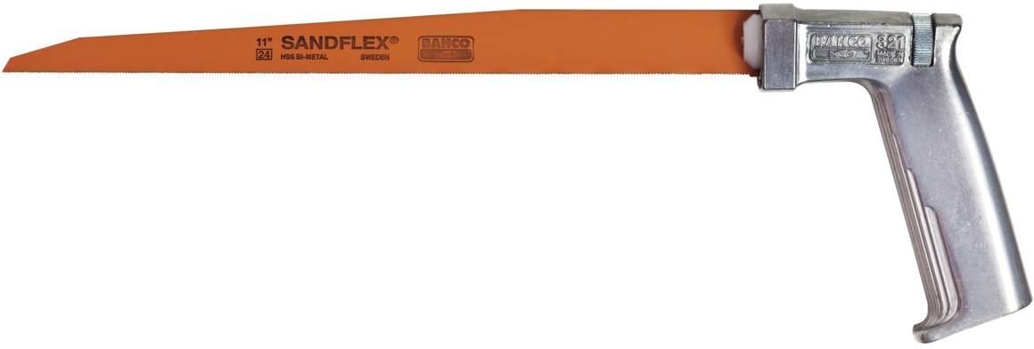Metal saw with an orange saw blade and silver handle, suitable for cutting metal.