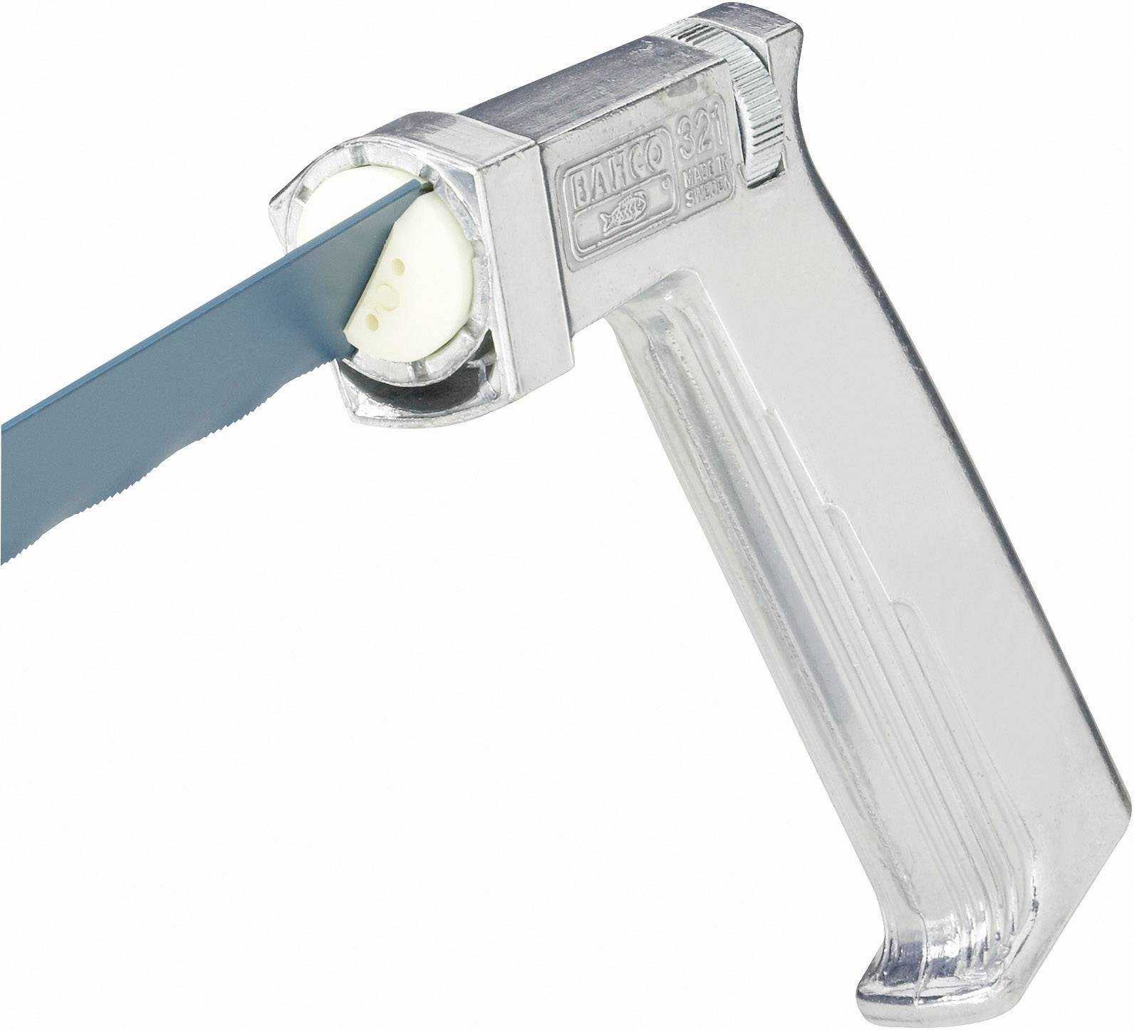Metal saw with a blue saw blade, secured to a shiny metal handle, aligned for precise cuts.