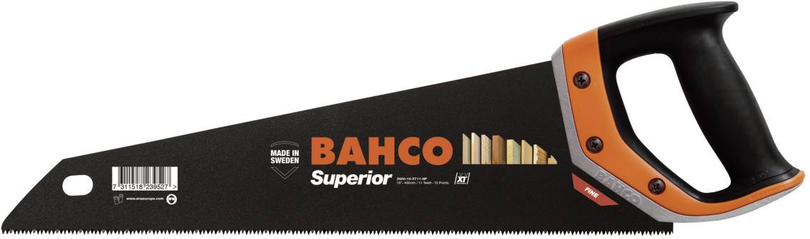 A handsaw with a black blade and orange handle, brand 'Bahco Superior', suitable for woodworking.