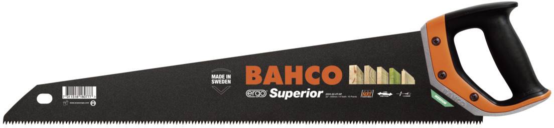Eine Handsäge mit einem schwarzen Sägeblatt und orange-schwarzem Griff. Auf dem Blatt steht 'BAHCO Superior'.