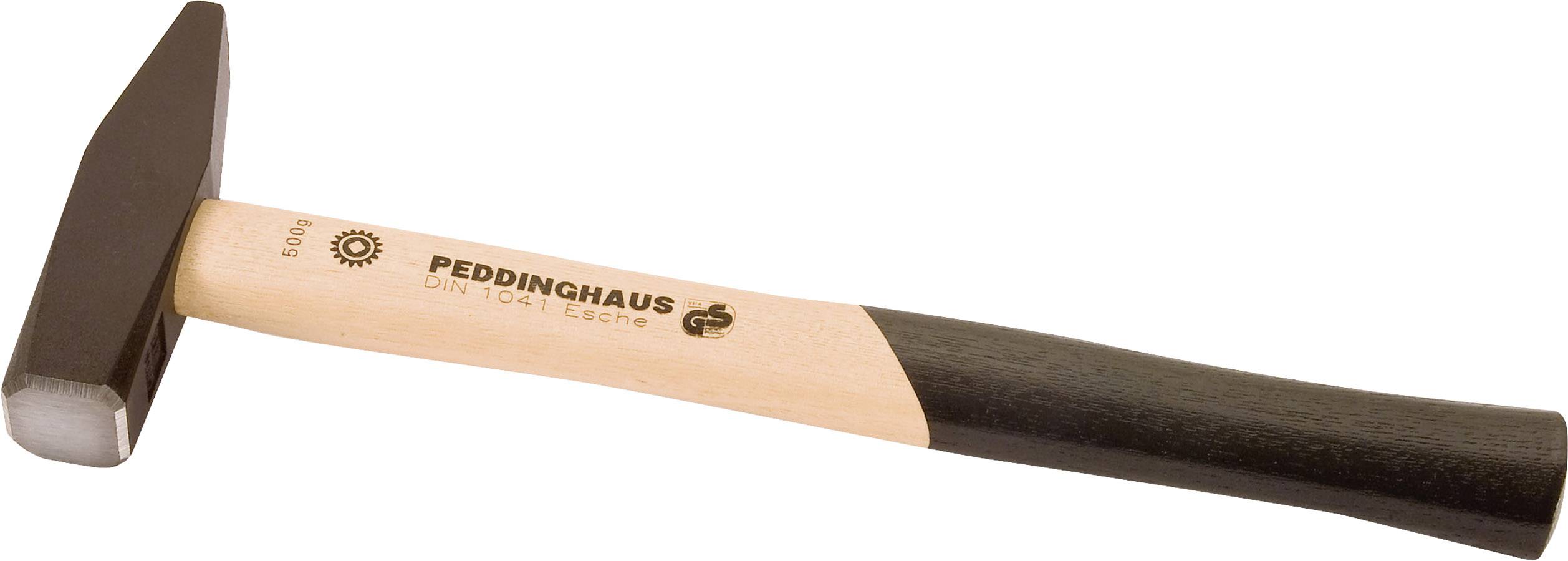 A black hammer with a wooden handle, marked with 'Peddinghaus', on a white background; used for hammering nails.