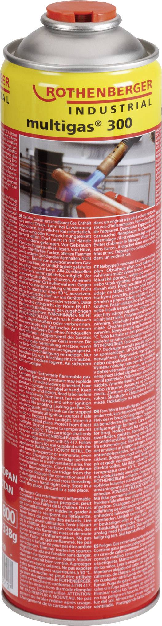 A red gas cylinder of the brand 'Rothenberger Industrial multigas 300' with a yellow label and detailed description on the packaging.