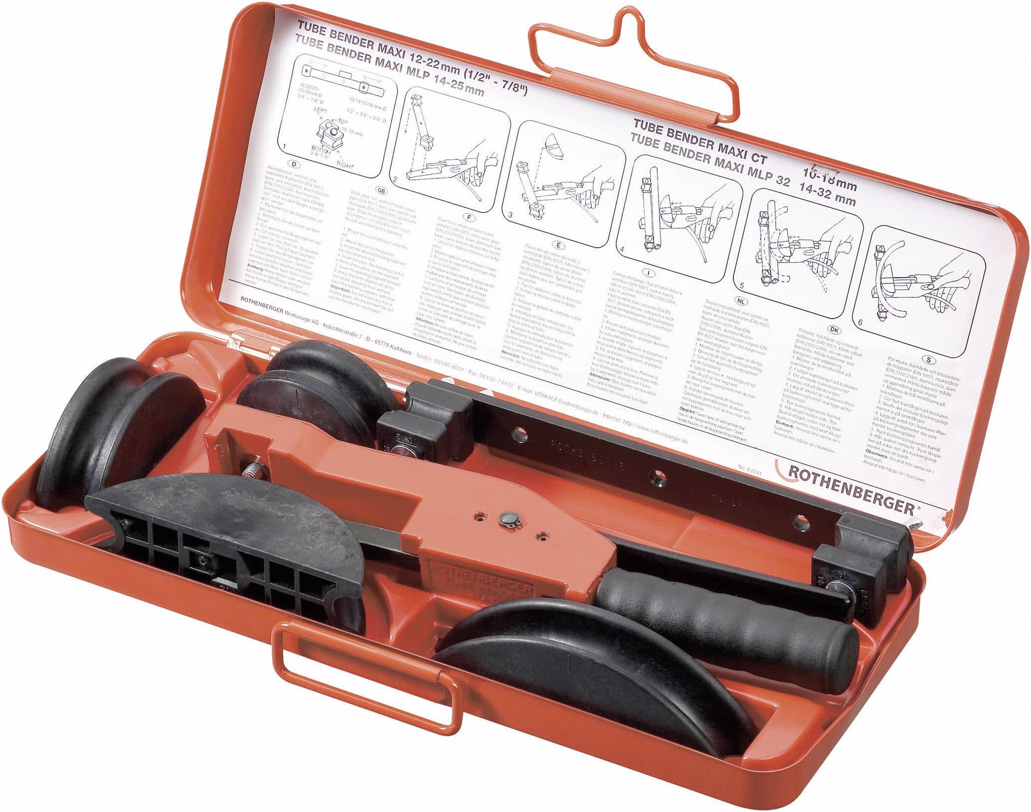 Red plastic toolbox containing a pipe bender, several bending templates, and an instruction manual. Tools for bending pipes.