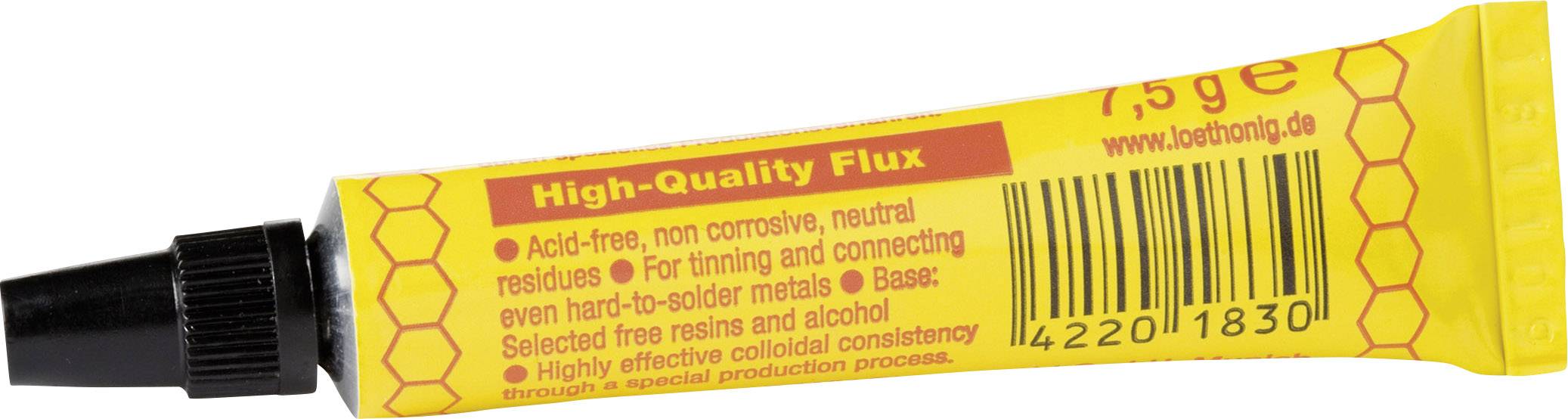 Yellow tube 'High-Quality Flux' with red lettering. Acid-free, neutral, suitable for metals. Contains resins and alcohol.