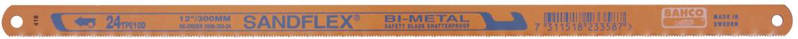 An orange-coloured saw blade with the inscription 'SANDFLEX BI-METAL' and '18 TPI'.