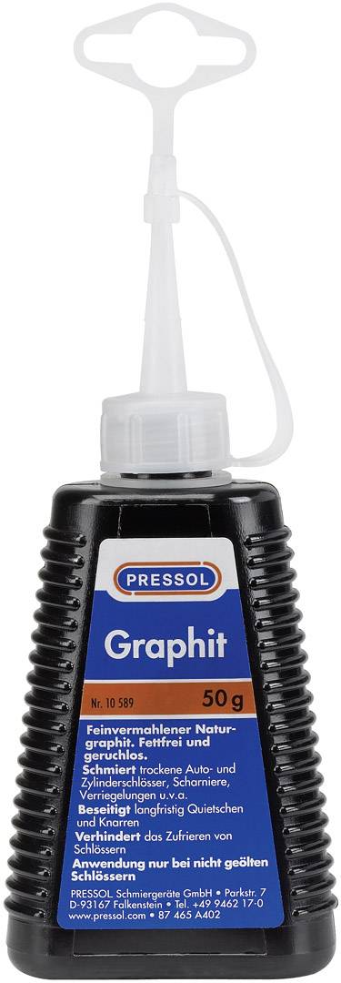 Pressol bottle with fine-ground graphite powder, 50 g, for lubricating locks and hinges.