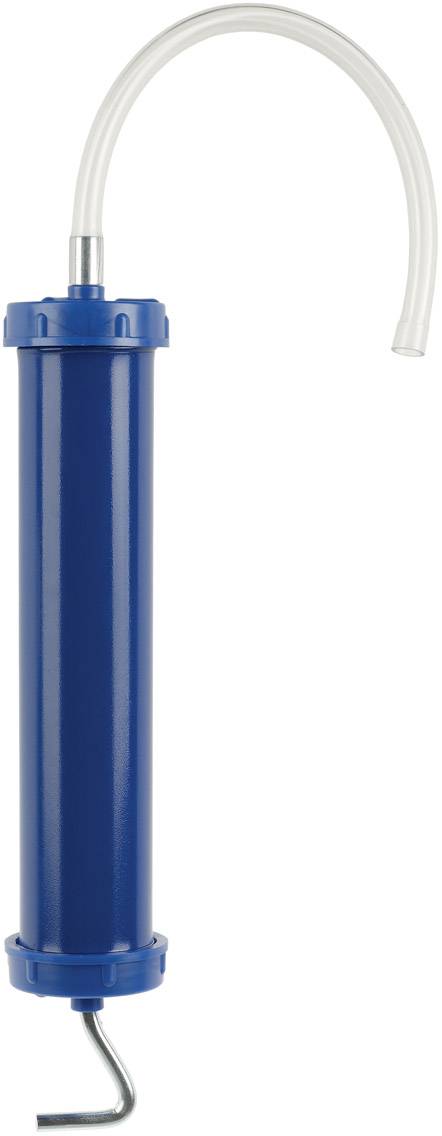 Blue oil sucker with transparent hose and metal hook, suitable for extracting and draining liquids from machinery.