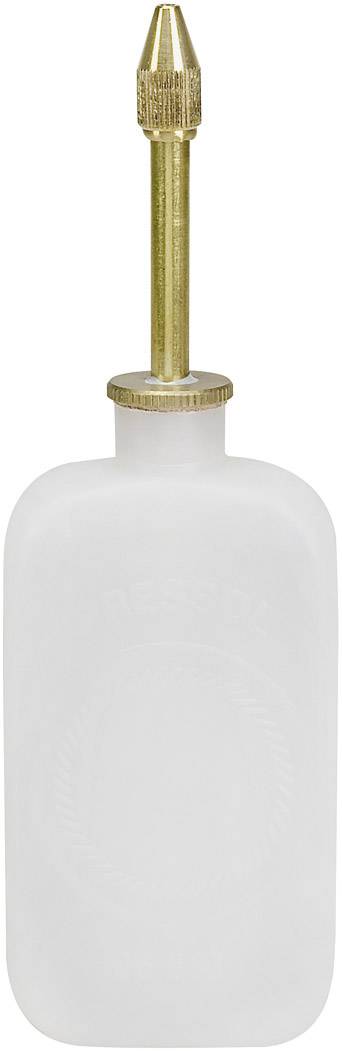 A white plastic bottle with a long, narrow metal nozzle, commonly used for oiling or lubricating in technical applications.