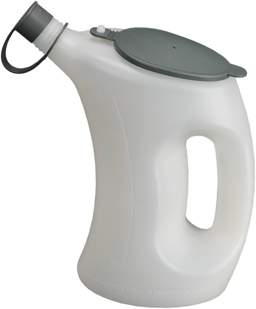 Translucent, grey container with large handle, side spout and lid. Suitable for liquids with practical handling.