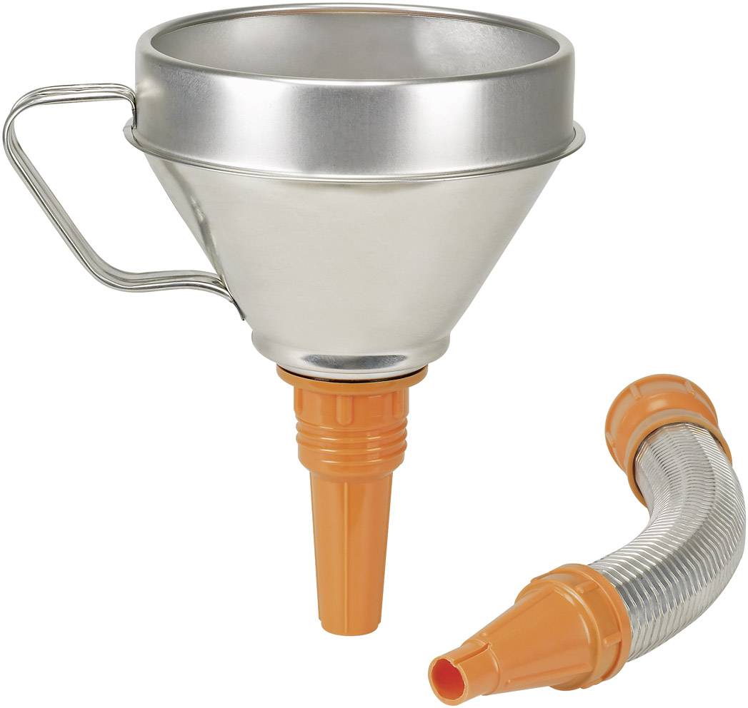 Metal funnel with removable flexible hose attachment, suitable for precisely decanting liquids into narrow openings.