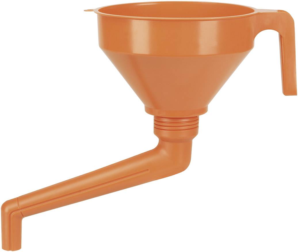 An orange plastic funnel with a long, thin spout and a side handle. Suitable for transferring liquids.