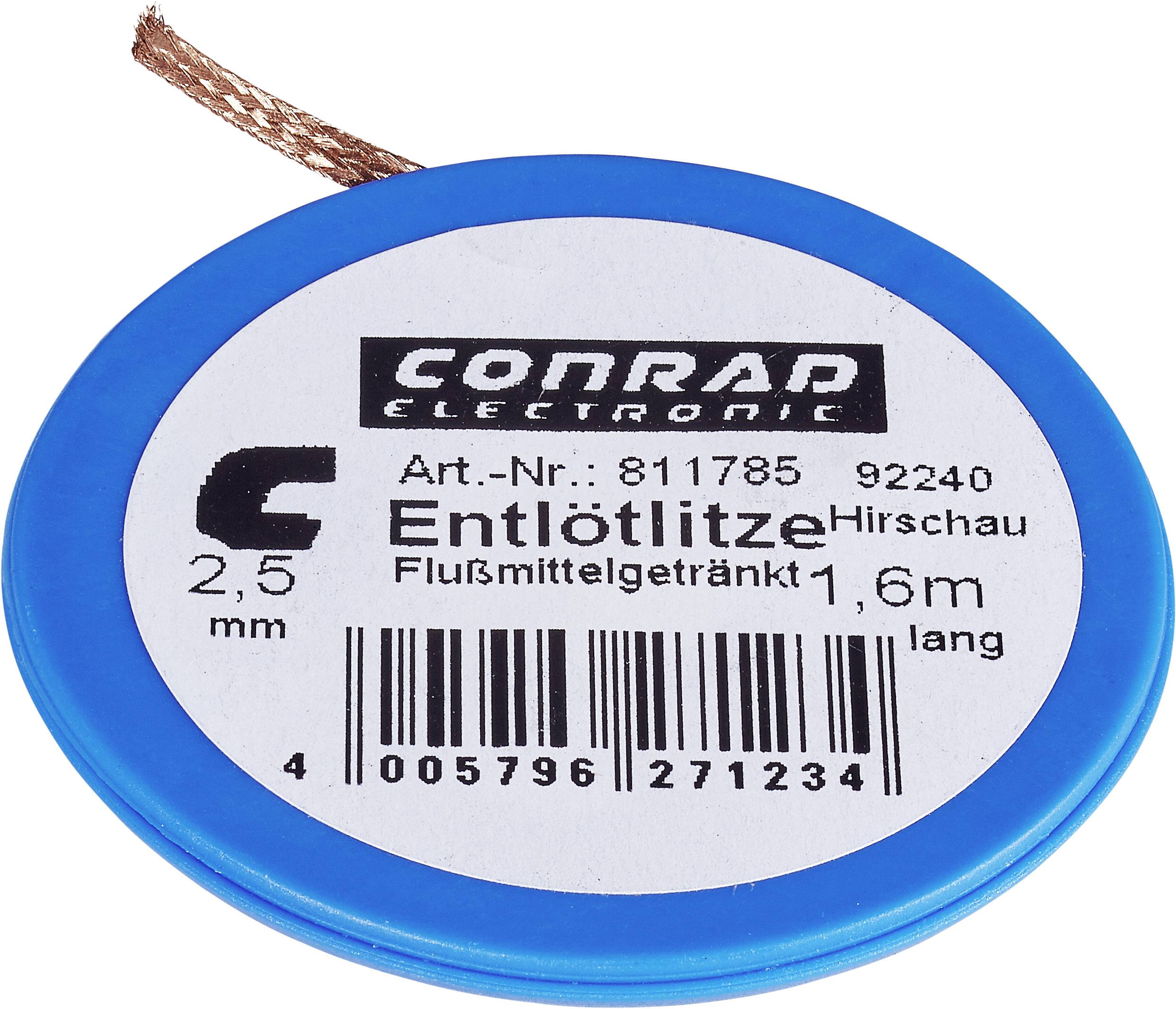 Round packaging for desoldering braid from Conrad Electronic. Labelled with specifications: '2.5 mm', '1.6 m', 'Flux-impregnated'.