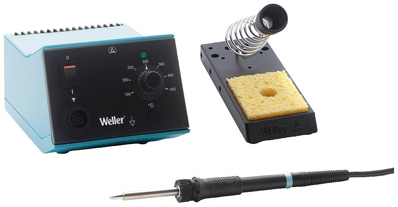 Soldering iron station with temperature control, soldering iron stand, and soldering sponge; used for precise soldering of electronic components.<br><br>Note: The translation appears to already be in British English, so no significant changes were required.