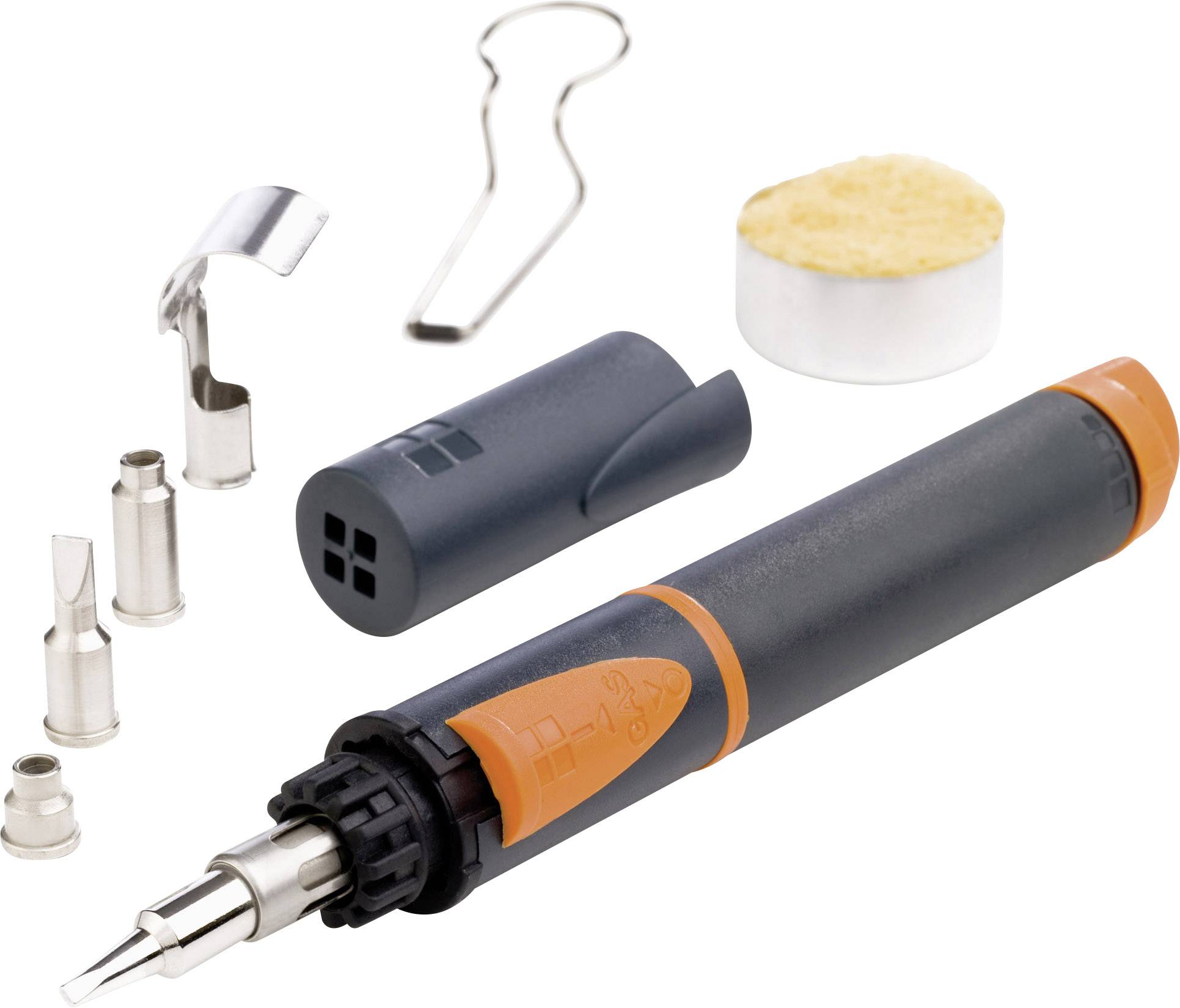 Soldering iron set with various tips, stand and sponge for use in electronics projects.