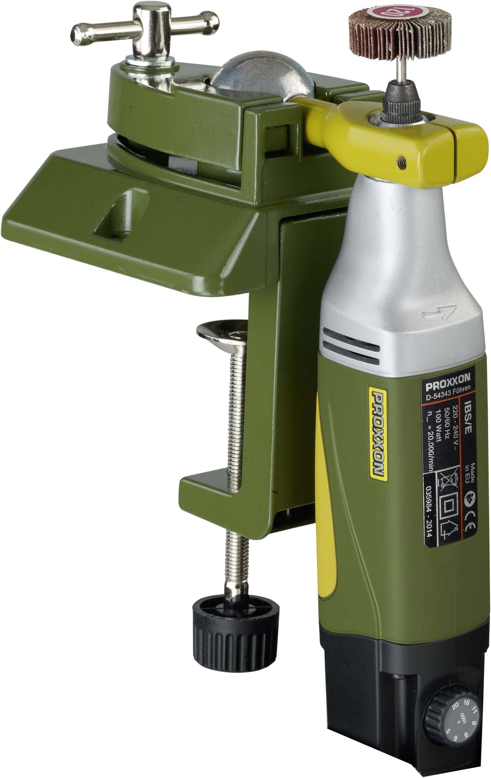 Electric sander and polisher in green and yellow, with clamp system for attachment to tables. Used for precise handiwork.