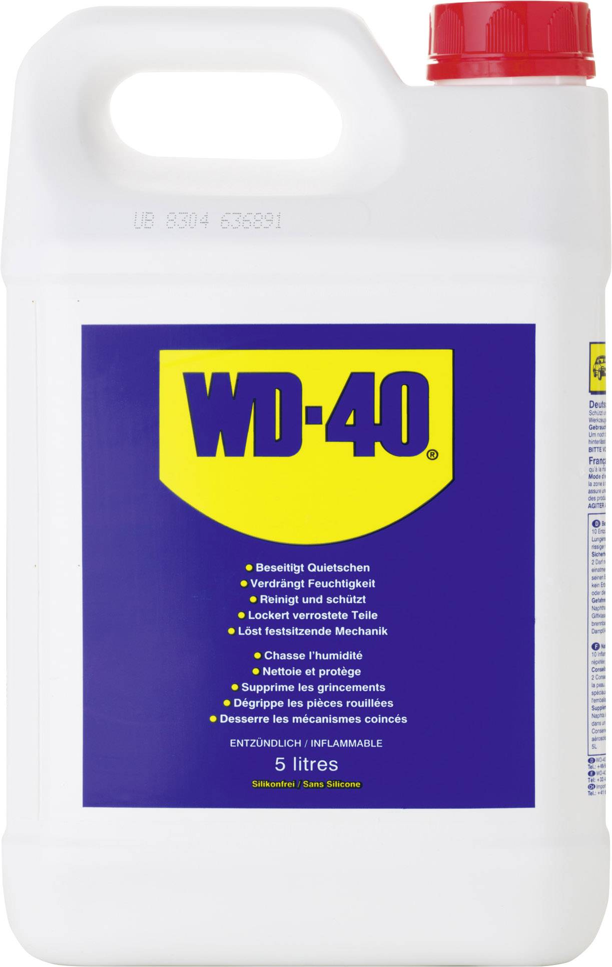 A white 5-litre container with a red lid and blue-yellow 'WD-40' logo, describing how the product cleans and lubricates.
