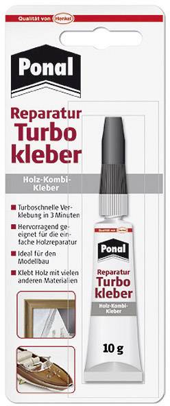 Adhesive packaging with the inscription 'Ponal Repair Turbo Adhesive'. Quick repair for wood and other materials.