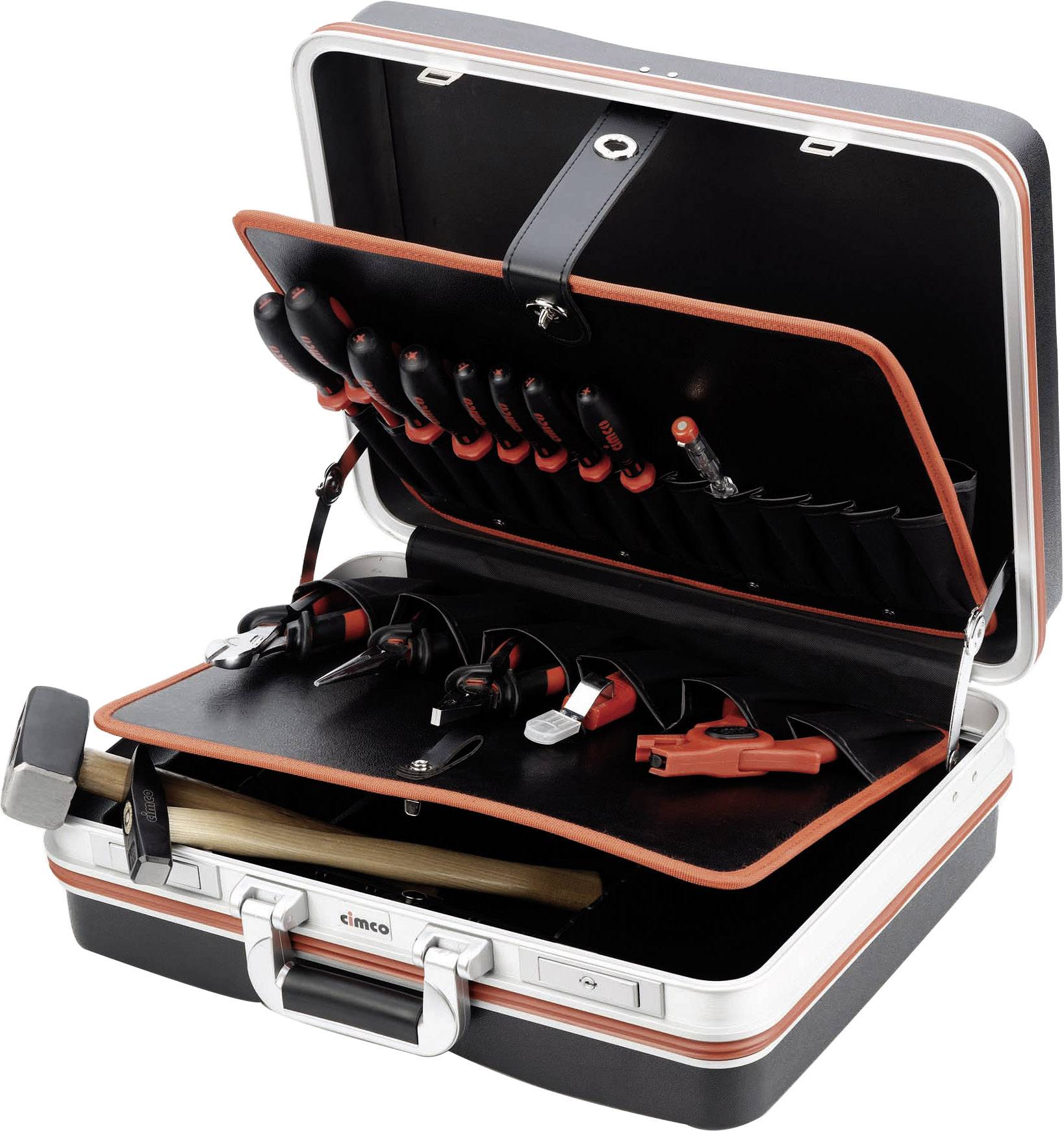 Toolbox with an open lid, displaying various screwdrivers, pliers, and a hammer, neatly arranged.