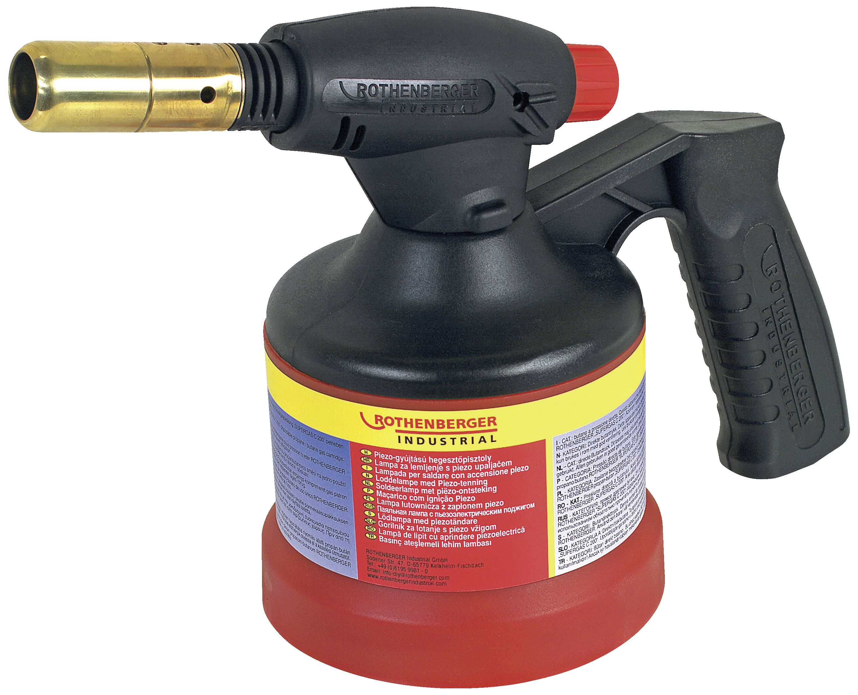 A soldering torch with handle and gas container, inscription: 'Rothenberger Industrial'.