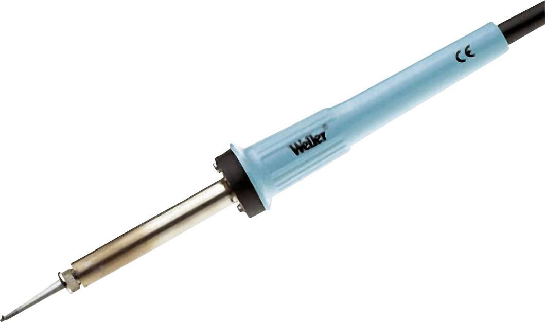 A blue soldering iron with a black handle and a metal tip resembling a small rod. Hanging from a cable.