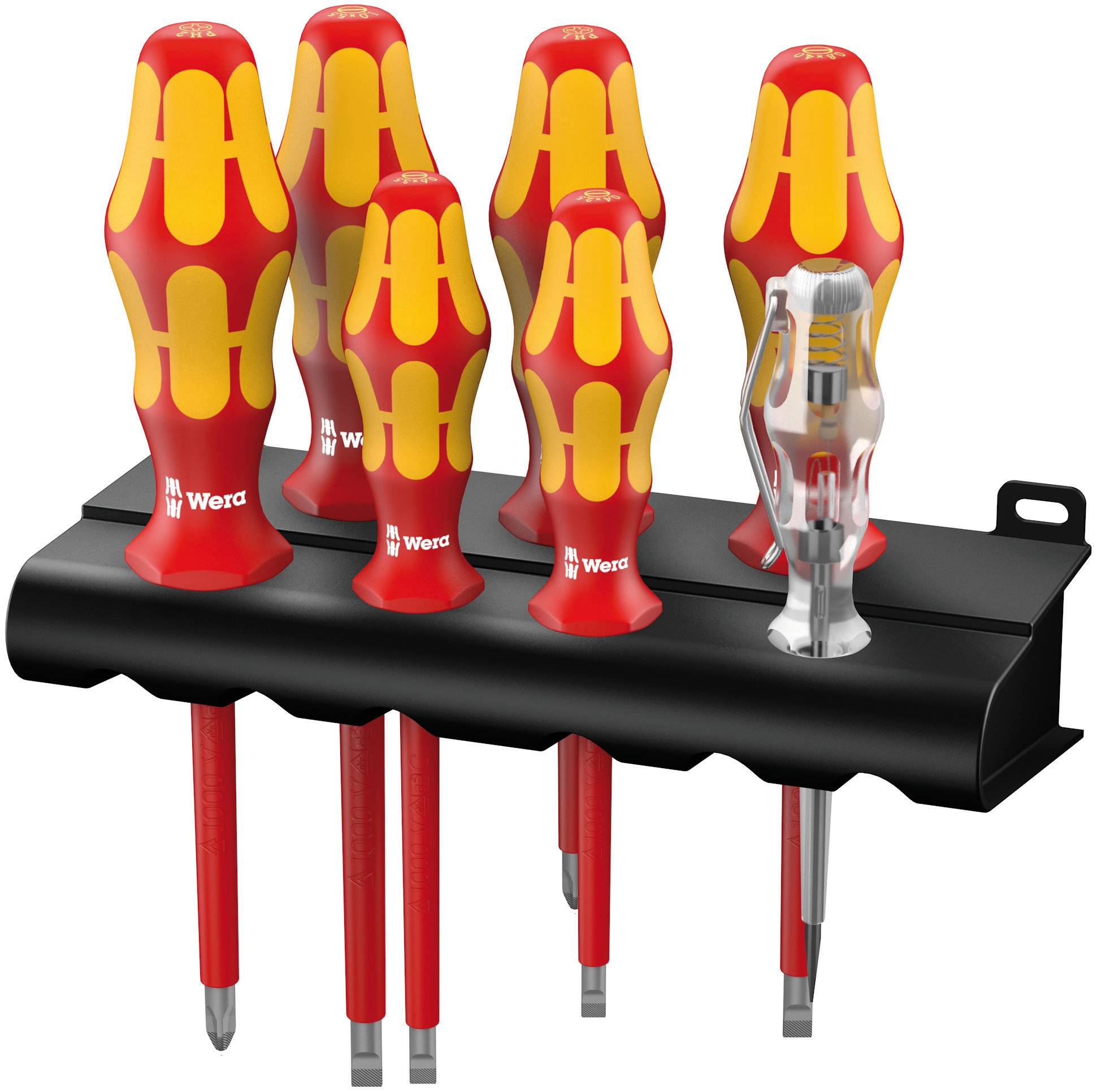 A set of screwdrivers in a black holder. The handles are red-yellow and a transparent screwdriver is in the background.
