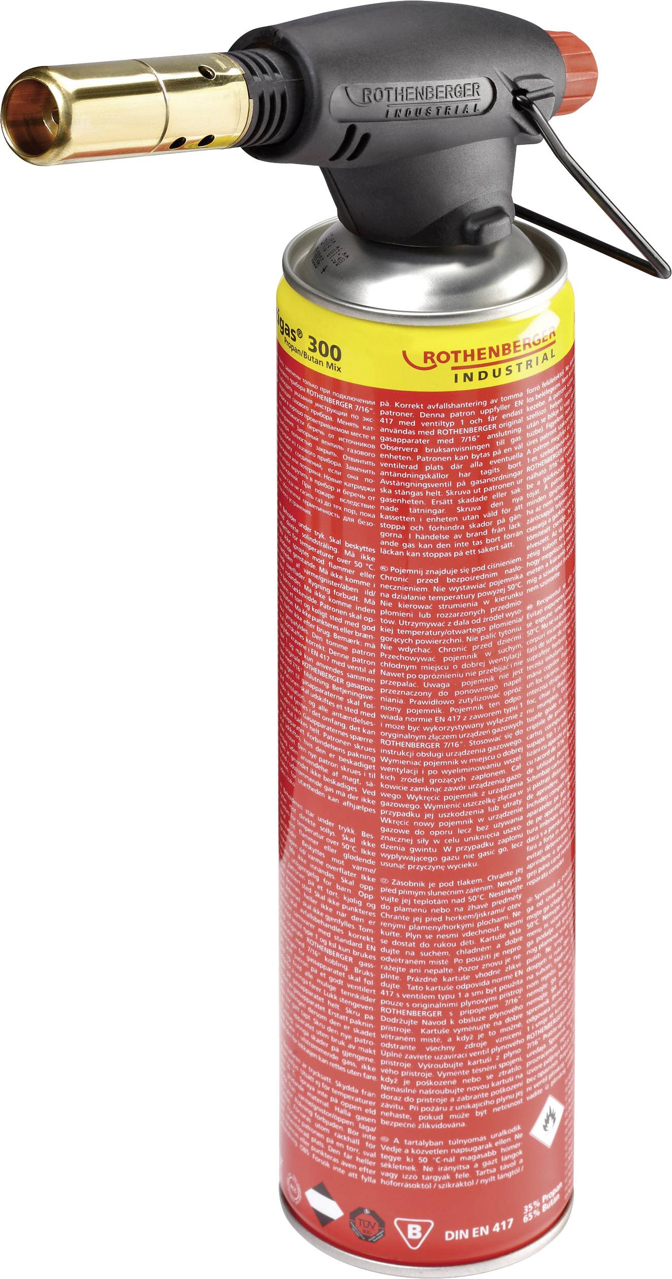 A gas torch with a red cartridge, suitable for soldering work. The nozzle head on top is equipped with an operating lever and safety features.