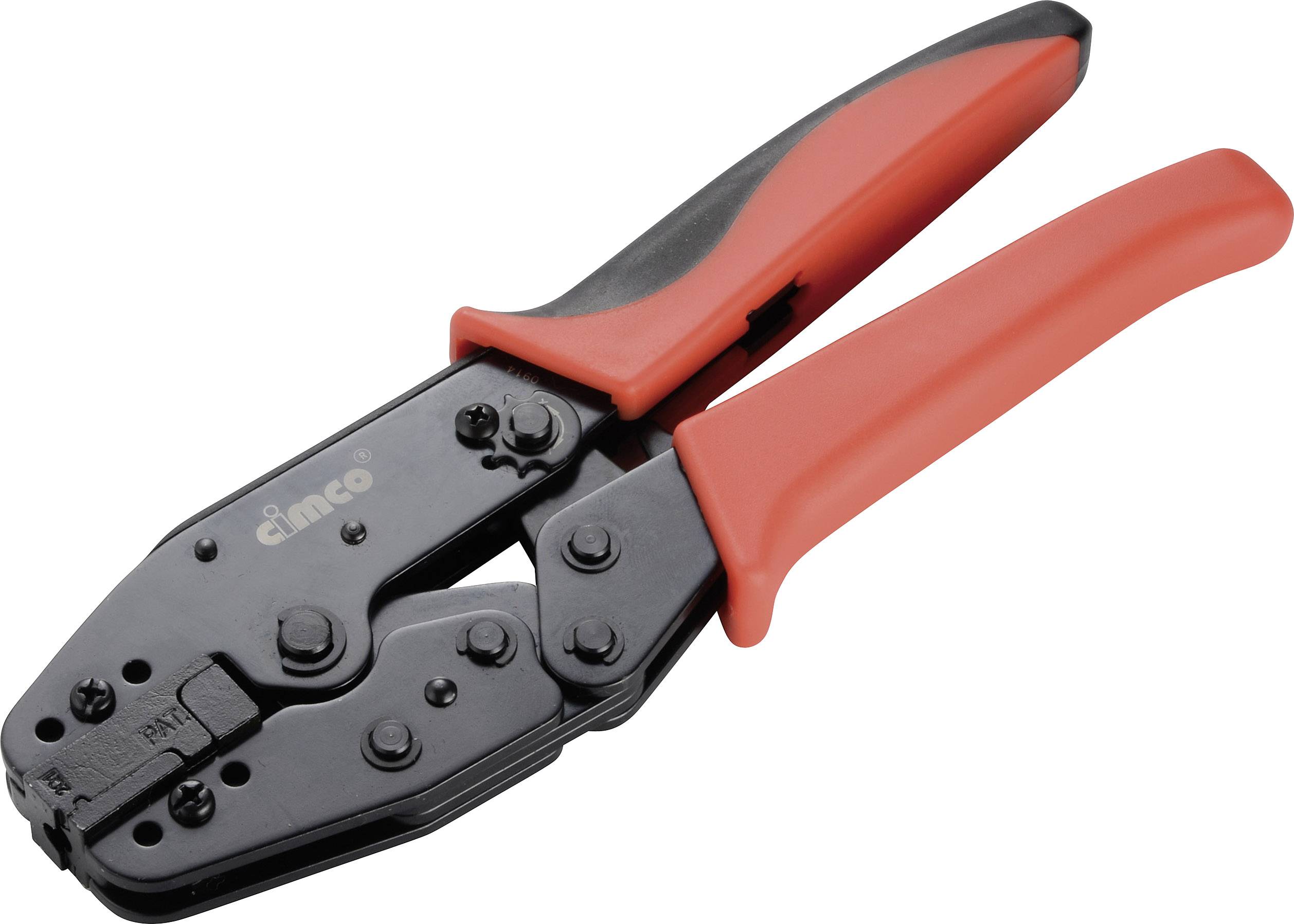 Black and red crimping pliers, lever-design pliers for connecting cables and connectors.
