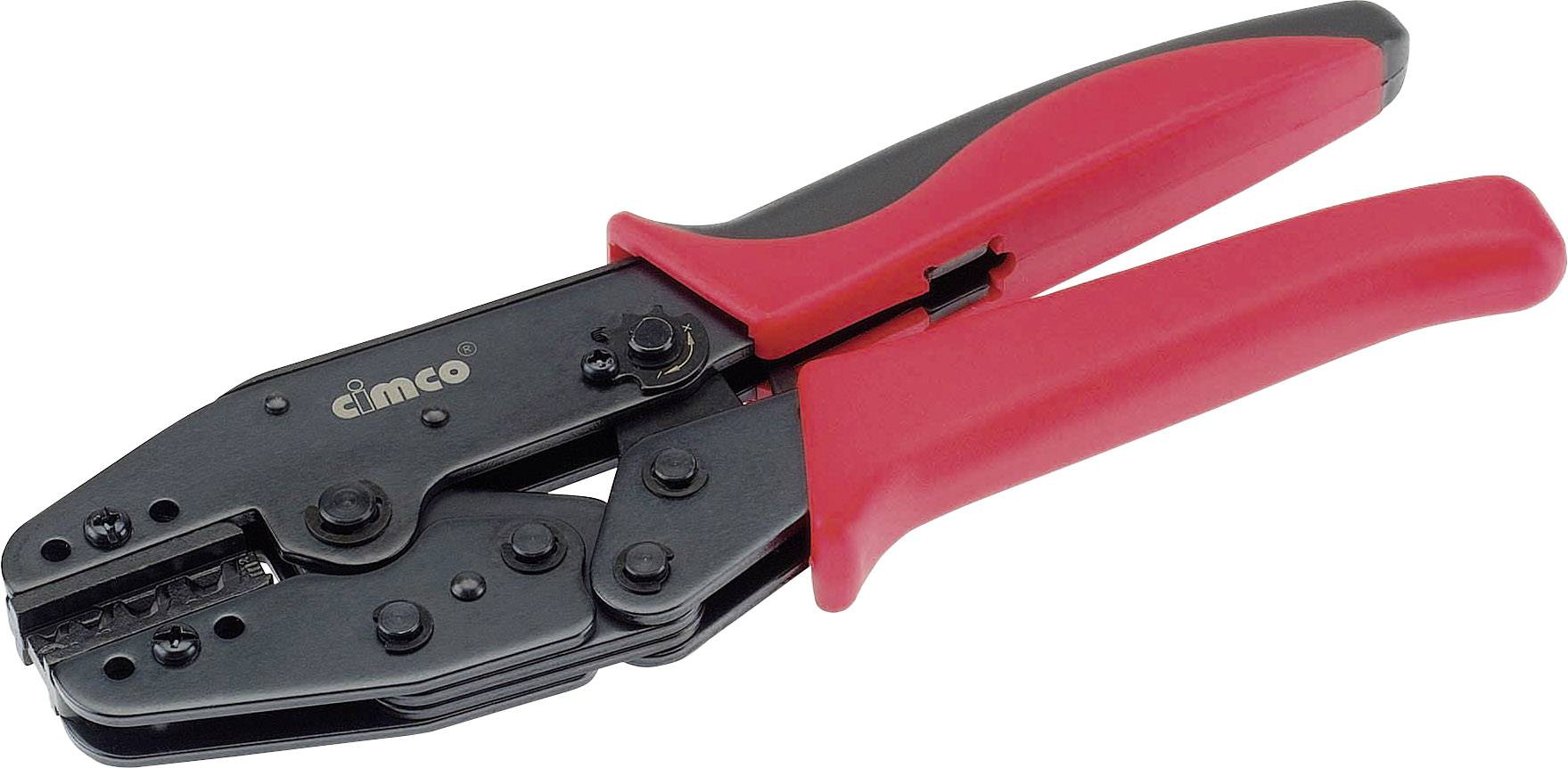 Crimping pliers with red handles and black mechanism. Suitable for connecting cables and connectors in electrical applications.