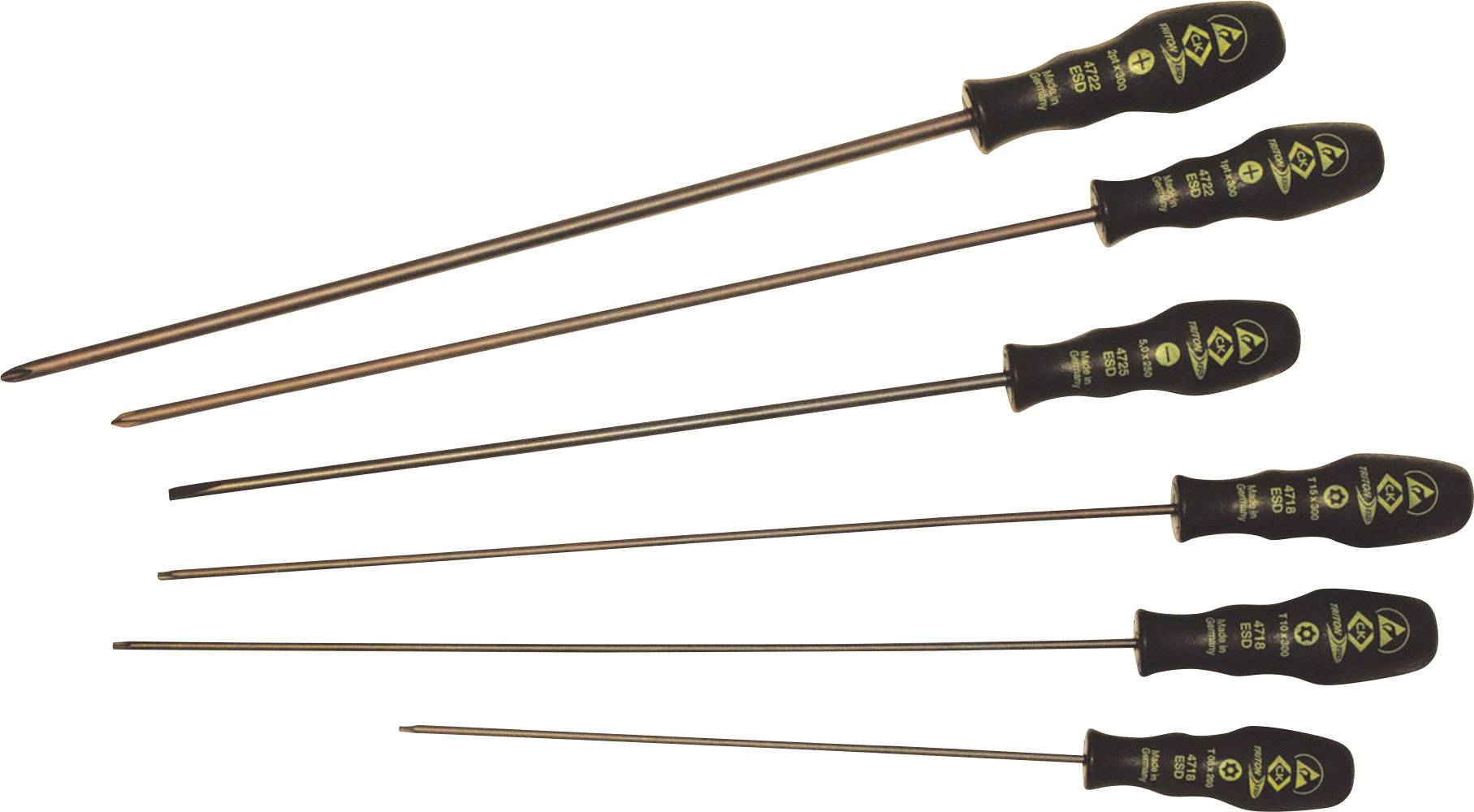 Six screwdrivers with black handles and golden symbols, arranged diagonally in different sizes.
