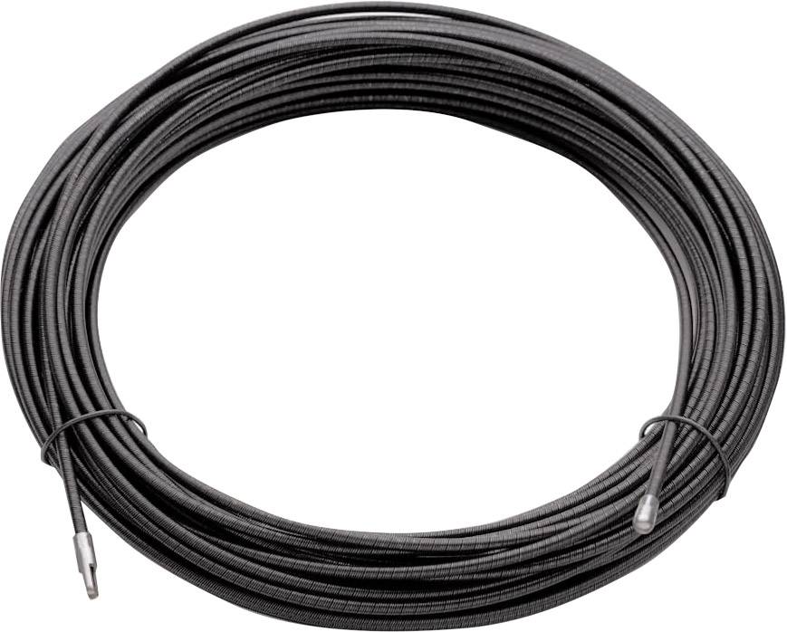 A coiled black cable with two visible ends, suitable for technical applications or installations.
