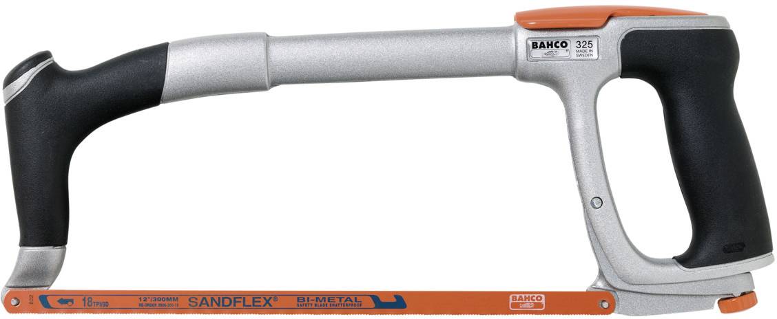 Hacksaw with black handle and orange blade, marked 'SANDFLEX'. Suitable for cutting metal and plastic.