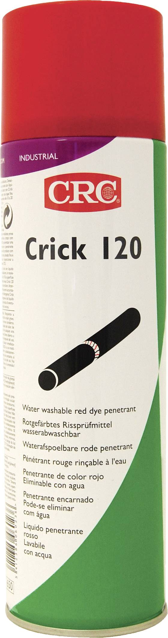 Aerosol CRC Crick 120 with red cap, label shows red dye penetrant for surface defect detection.