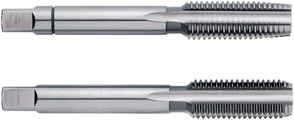 Two silver tapping tools side by side, showing fine cutting edges and thread spirals. Tool for creating internal threads.