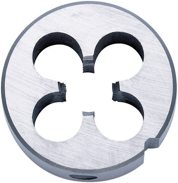 A metal thread-cutting die with four circular recesses, used for cutting or forming external threads on rods.