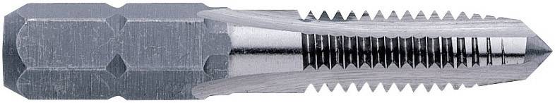 A silver machine tap with cutting edges for threading internal metal threads, side-close up view.