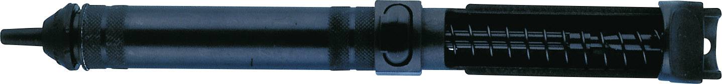 A black ballpoint pen with a detailed view of the internal mechanics.