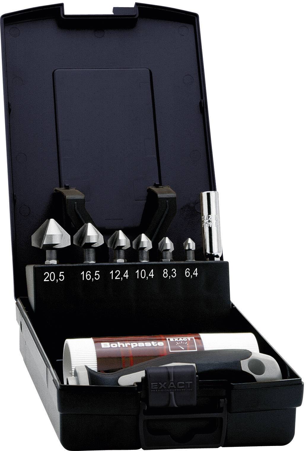 An open black toolbox containing a range of countersink drill bit sizes (from 20.5 to 6.4 mm) and a tube of drilling paste.